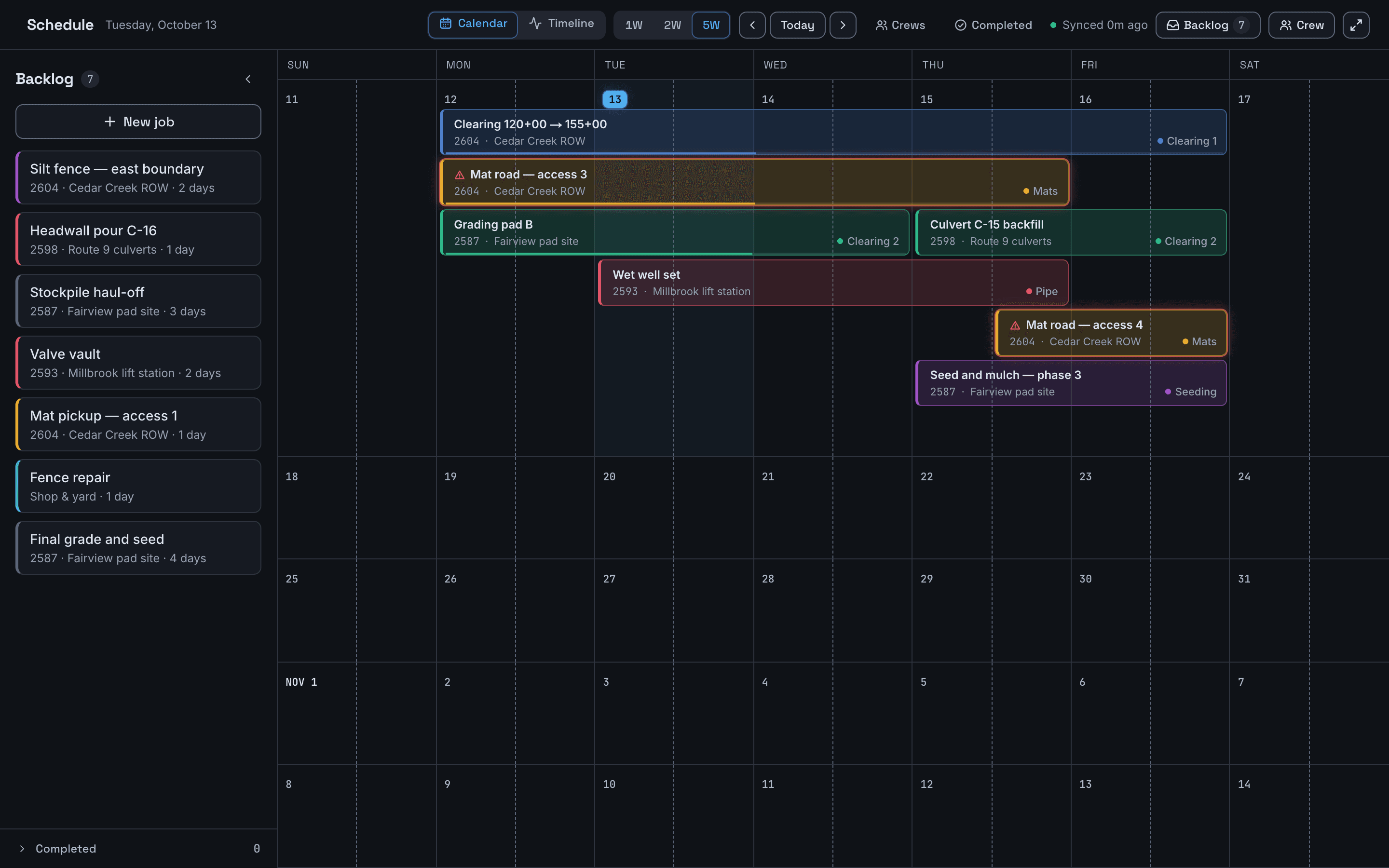 The Verax schedule: jobs laid out by day across crews, with a backlog beside it.