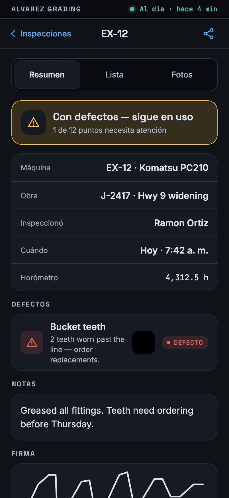 The same inspection in Spanish.
