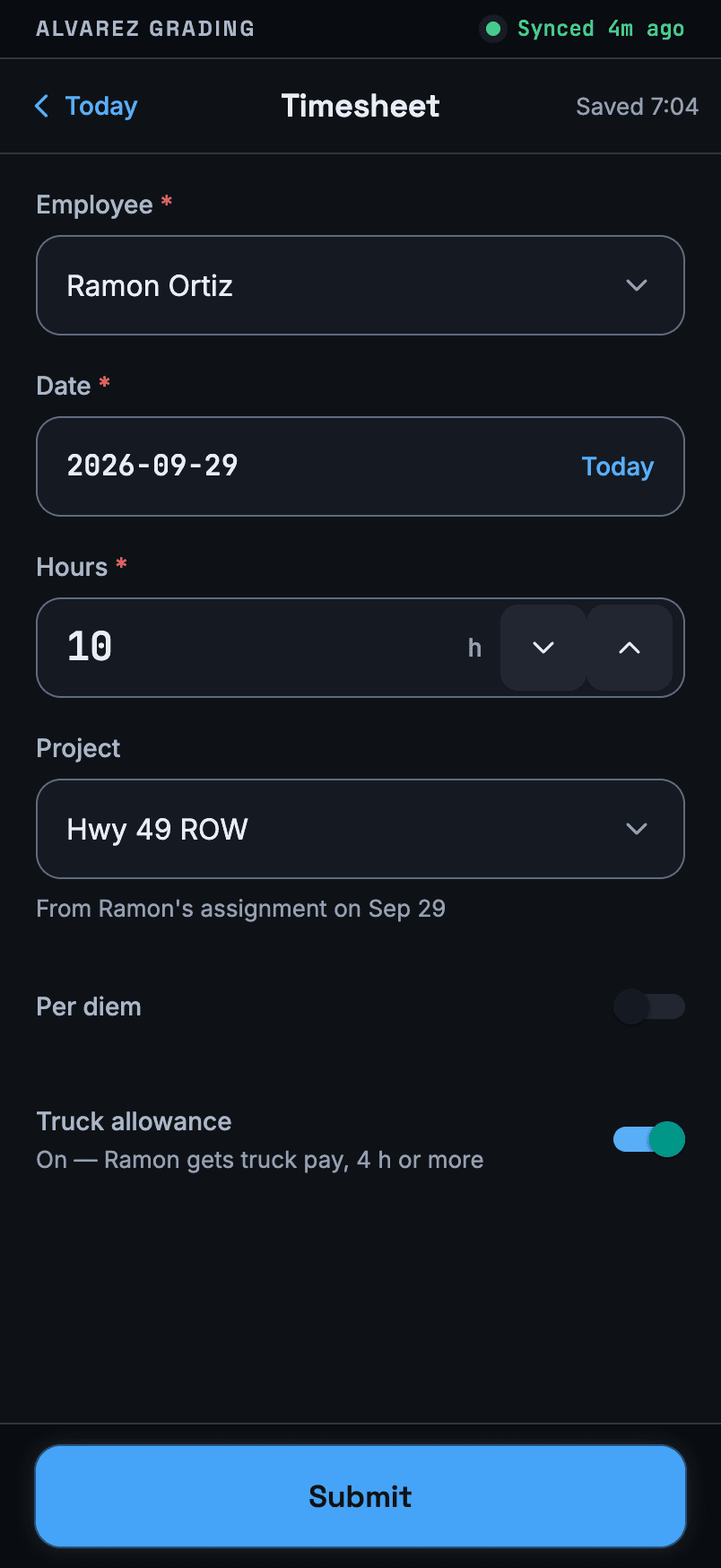 A timesheet in Verax Field.